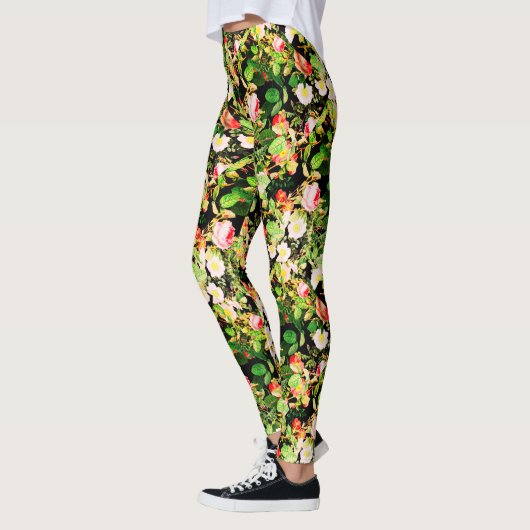 Blumendruck Rose Rosa und Weiß Blume auf Schwarz Leggings (Links)