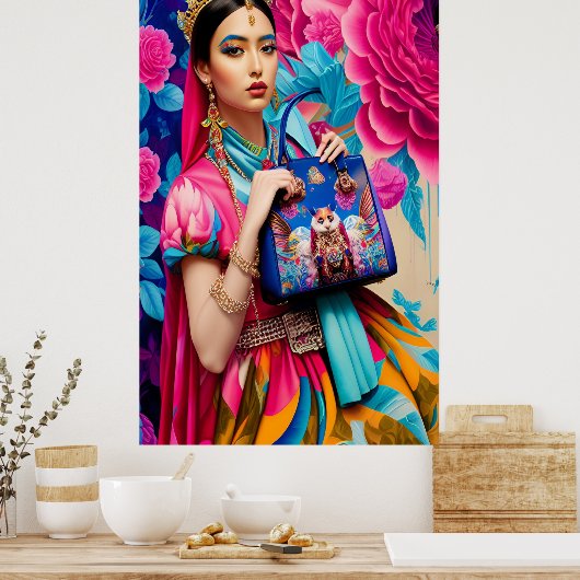 Blumendruckerin mit Handtasche Poster (Küche)