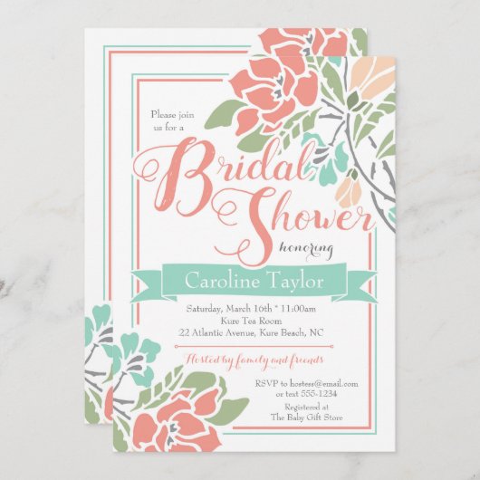 Blumendusche Einladung in Korallen und Aquamarin (Vorne/Hinten)