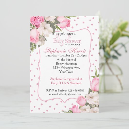 Blumendusche Einladung mit rosa Rosen (Stehend Vorderseite)