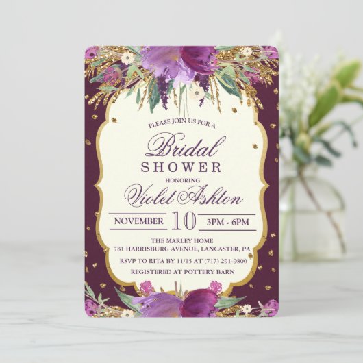 Blumendusche Glitzer Bridal Einladung (Stehend Vorderseite)