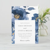 Blumendusky Blue Gold Hochzeitsfeier Einladung (Stehend Vorderseite)