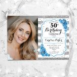 Blumendusty Blau Silber Weiß Foto 50. Geburtstag Einladung<br><div class="desc">Elegante florale feminine 50. Geburtstagseinladung mit Ihrem Foto. Glam,  weißes und staubblaues Design mit Imitaten Glitzer Silber. Ständer,  helltürkisfarbene Rose,  Skript-Schriftart und Konfetti. Ideal für ein stilvolles Party für Erwachsene. Personalisieren Sie Ihre persönlichen Daten. Kann für jedes Alter angepasst werden! Gedruckte Zazzle Einladungen oder Sofortdownload digitalen druckbaren Vorlage.</div>