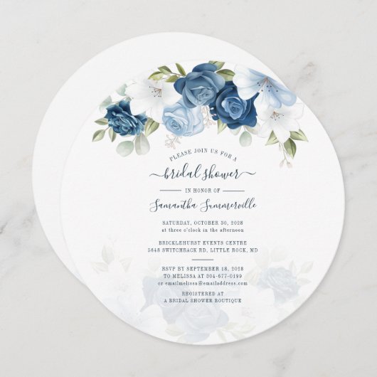 Blumendusty Blauer Blumen Wasserfarbenes Brautpart Einladung (Vorne/Hinten)
