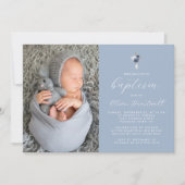 Blumendusty Blauer Silberkreuz Foto Taufe Einladung (Vorderseite)