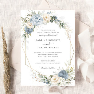 Blumendusty Blauer Weiße Grüne Gold Hochzeit Einladung