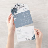 Blumendusty Blue Elegant Hochzeit in einem All In One Einladung (Abreißen)