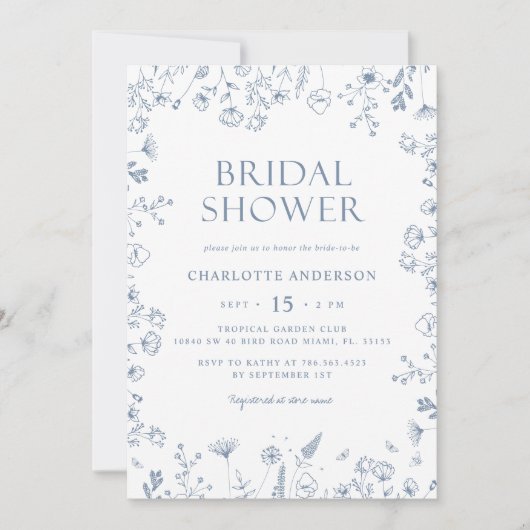 Blumendusty Blue Elegantes Brautparty Einladung (Vorderseite)