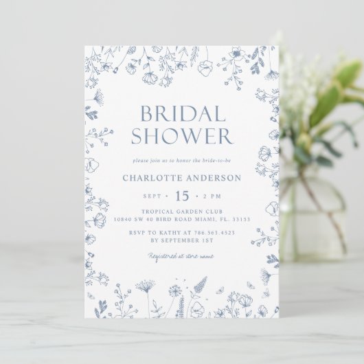 Blumendusty Blue Elegantes Brautparty Einladung (Stehend Vorderseite)