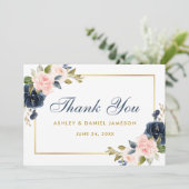 Blumendusty Blue Pink Blush Wedding Gold Dankeskarte (Stehend Vorderseite)