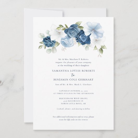 Blumendusty Blue QR-Code bei einer Hochzeit Einladung (Vorderseite)
