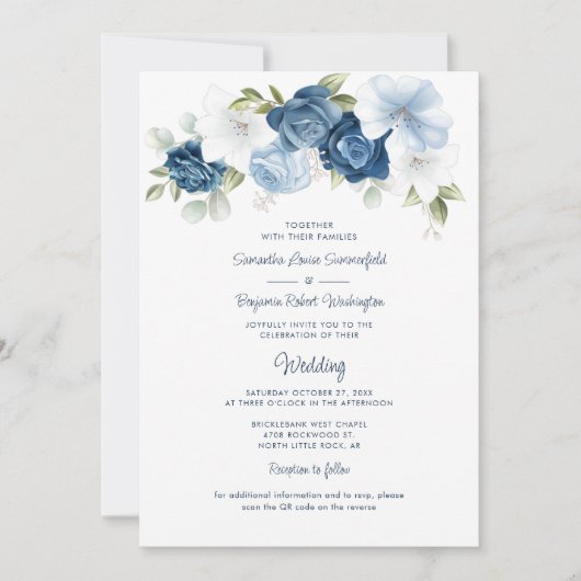 Blumendusty Blue QR-Code bei einer Hochzeit Einladung (Vorderseite)