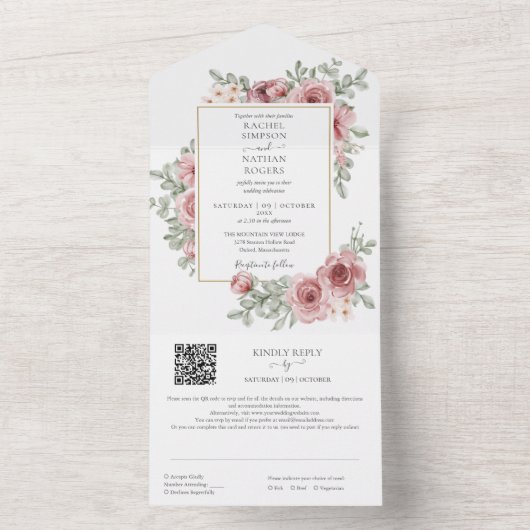 Blumendusty Rose Gold Geometric QR Code Wedding All In One Einladung (Innen Boden)