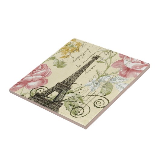 BlumenEiffelturm des schäbigen Eleganzgelb-Rosas Fliese (Seite)