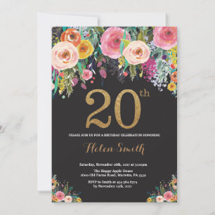 Blumeneinladung zum 20. Geburtstag Gold Glitter Einladung