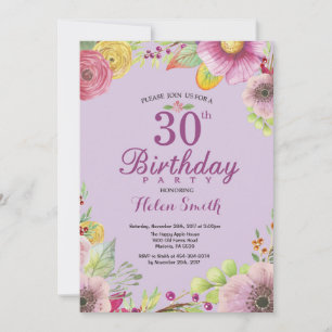 Blumeneinladung zum 30. Geburtstag für Frauen Lila Einladung