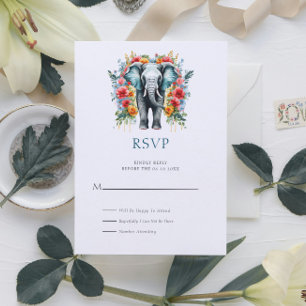 Blumenelefant Bay Blau-weiße RSVP-Karte Einladung