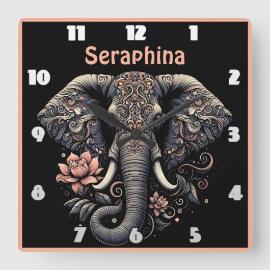 Blumenelefantenkunst Quadratische Wanduhr (Vorderseite)