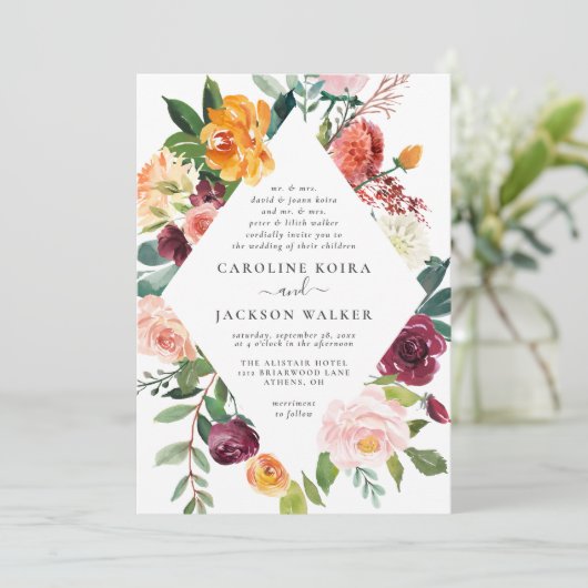 Blumenelegant Herbsthochzeit Einladung (Stehend Vorderseite)