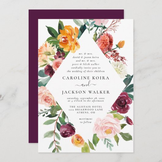 Blumenelegant Herbsthochzeit Einladung (Vorne/Hinten)