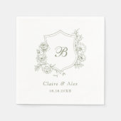 Blumenelegante Rose Wappen Sage Green Monogram Serviette (Vorderseite)