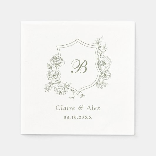 Blumenelegante Rose Wappen Sage Green Monogram Serviette (Vorderseite)