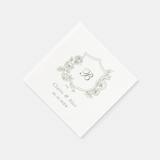 Blumenelegante Rose Wappen Sage Green Monogram Serviette (Ecke)