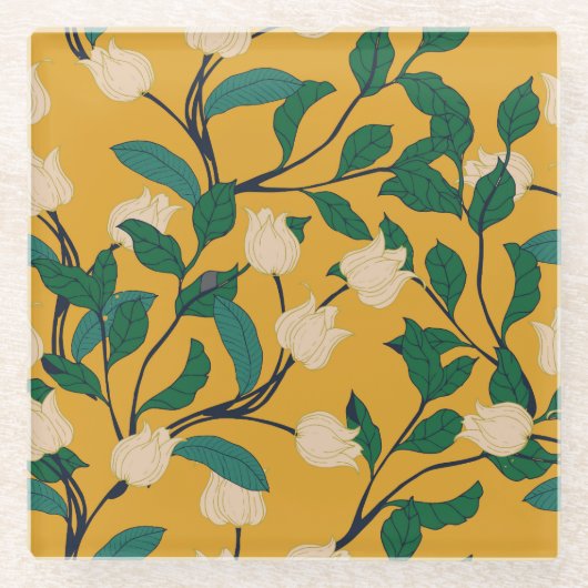 Blumeneleganz: Vintages Blattmuster. Glasuntersetzer (Vorderseite)