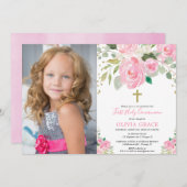 Blumenerste heilige Kommunion des Mädchens erröten Einladung (Vorne/Hinten)