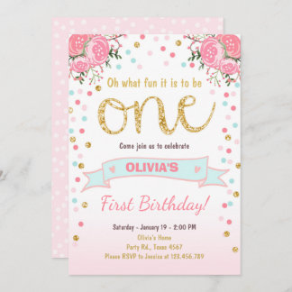 Blumenerster Geburtstag laden Mädchen-rosa Einladung