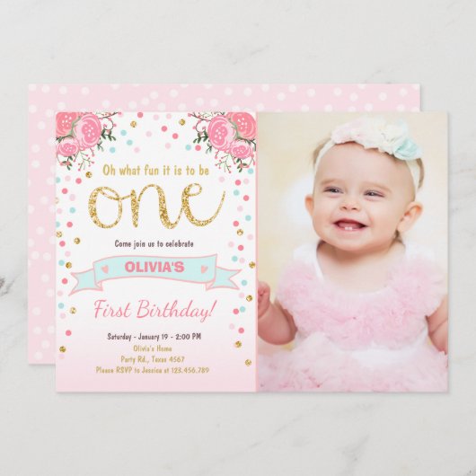 Blumenerster Geburtstag laden Mädchen-rosa Einladung (Vorne/Hinten)