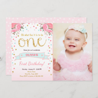 Blumenerster Geburtstag laden Mädchen-rosa Einladung