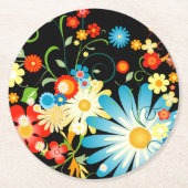 Blumenexplosion der Farbe auf Schwarzem Runder Pappuntersetzer (Vorderseite)