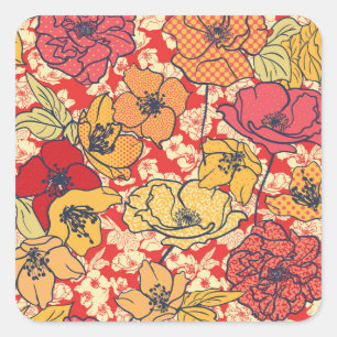 Blumenexplosion: Nahtloser Vintage-Trend. Quadratischer Aufkleber