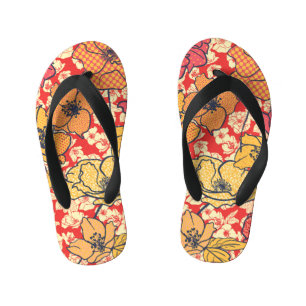 Blumenexplosion: Nahtloser Vintager Trend. Kinderbadesandalen