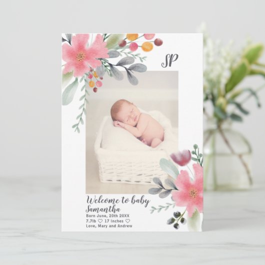 Blumenfall Aquarell Rosa Foto Geburt Ankündigung (Stehend Vorderseite)