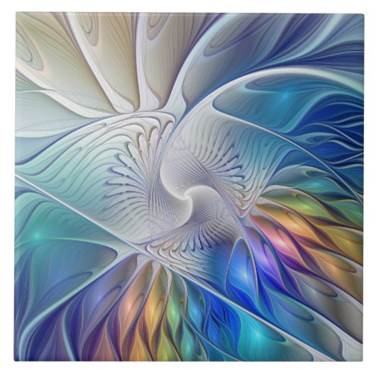 Blumenfantasie, buntes Abstraktes Fraktal Blume Fliese (Vorderseite)