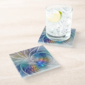 Blumenfantasie, buntes Abstraktes Fraktal Blume Glasuntersetzer (Schrägansicht)