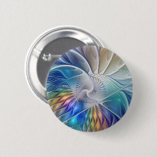Blumenfantasie, farbenfrohe abstrakte Fraktalblume Button