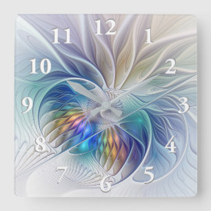 Blumenfantasie, farbenfrohe abstrakte Fraktalblume Quadratische Wanduhr