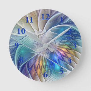 Blumenfantasie, farbenfrohe abstrakte Fraktalblume Runde Wanduhr