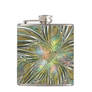 Blumenfantasie Modernes Fraktal Blume mit Gold Flachmann