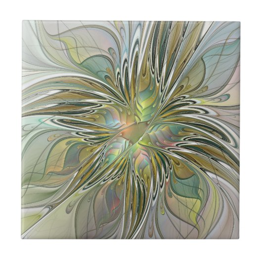 Blumenfantasie Modernes Fraktal Blume mit Gold Fliese (Vorderseite)