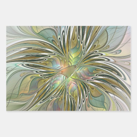 Blumenfantasie Modernes Fraktal Blume mit Gold Geschenkpapier Set (Vorderseite 2)