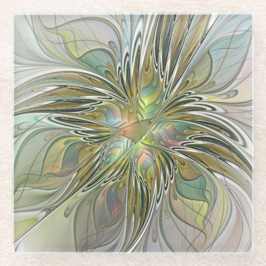 Blumenfantasie Modernes Fraktal Blume mit Gold Glasuntersetzer (Vorderseite)