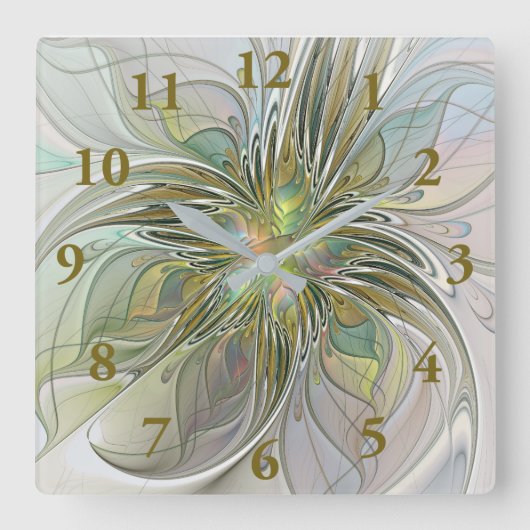 Blumenfantasie Modernes Fraktal Blume mit Gold Quadratische Wanduhr (Vorderseite)