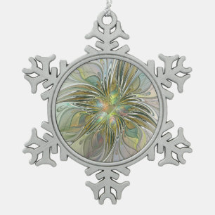 Blumenfantasie Modernes Fraktal Blume mit Gold Schneeflocken Zinn-Ornament