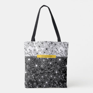 Blumenfarbblockmuster Schwarz-weiß mit Namen Tasche