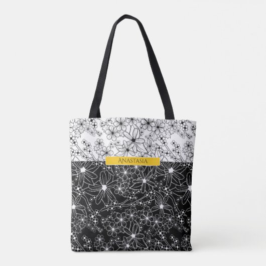 Blumenfarbblockmuster Schwarz-weiß mit Namen Tasche (Rückseite)