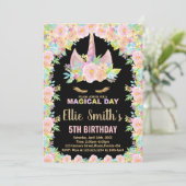 Blumenfarben Schwarzes Einhorn Einladung zum Gebur (Stehend Vorderseite)